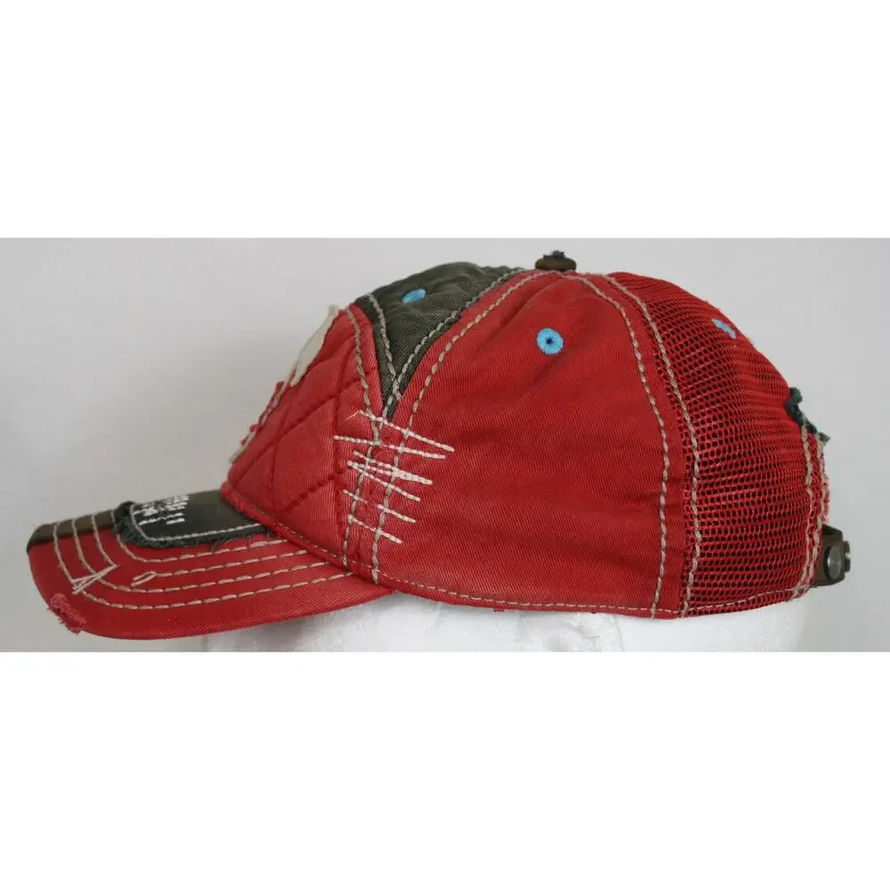 True Religion Hat Mens OSFA Red Distressed Trucker Cap Y2K Buddha Logo